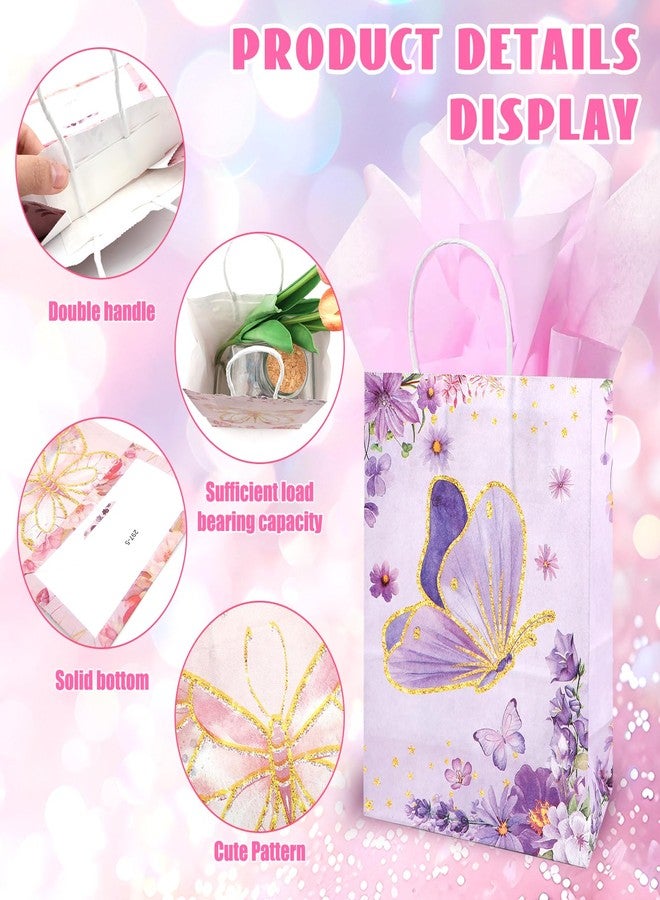 ROLYTA 24 Pcs Butterfly Party Favors Goodie Bags, Butterfly Flowers Thank You Gift Bags Pink Blue Purple Birthday Candy Treat Bag with Handles for Girl Butterfly Birthday Party, Glitter Style - Image 4